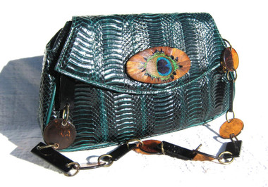 Embellished GREEN 1980's COBRA Snake Skin CLUTCH Bag - Peacock - J RENEE