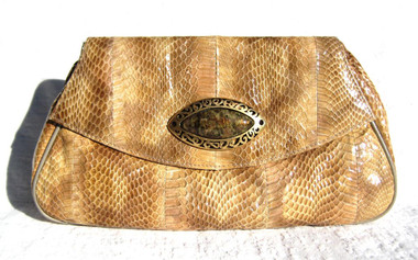Evil Eye Tan Embellished 1980's COBRA Snake Skin CLUTCH Bag - J RENEE