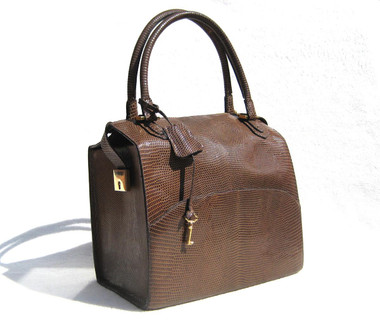 1950's-60's Chocolate Brown MARTIN VAN SCHAAK Lizard Skin Satchel - Lock & Key!
