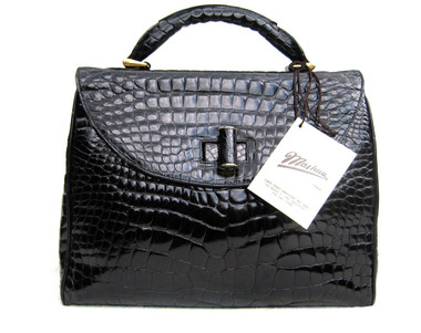 Stunning  XL 1990's-2000's Jet Black ALLIGATOR Belly Skin Shoulder Bag SATCHEL -Maxima - Titti Del'Aqua - ITALY