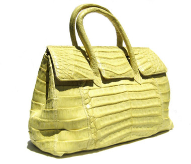 Early 2000's XL 20 x 11 NEON YELLOW Crocodile Belly Skin Handbag Travel Bag SATCHEL - LAI