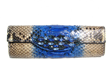 Stunning Jeweled BLUE & TAN Python Snake Skin Clutch Shoulder Bag - Falchi