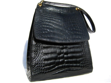 XL 11" x 12" BALLY Jet Black Alligator Belly Skin Shoulder Bag