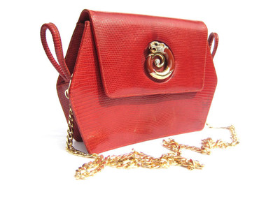 RED 1960's MARTIN VAN SCHAAK Lizard Skin Shoulder CROSS BODY Bag - DRAGON!