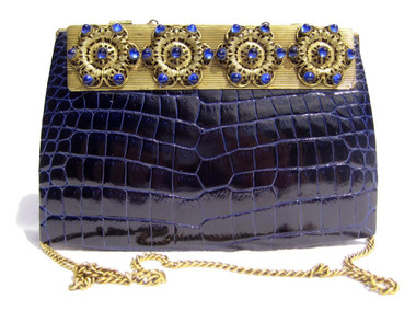 BLUE Jeweled 1960's CROCODILE Skin Shoulder Evening Bag - LA JEUNESSE?