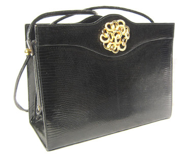 Midnight BLACK MARTIN VAN SCHAAK 1960's-70's Lizard Skin Shoulder Bag