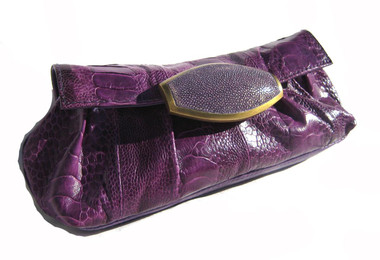 R & Y AUGOUSTI PURPLE Ostrich Leg & Stingray Skin Clutch