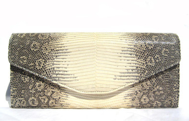 LAI Cream & Gray Early 2010's Ring Lizard Skin CLUTCH Shoulder Bag w/Silver Chain Strap
