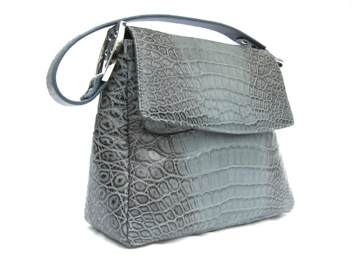 New! Denim Blue & Grey Alligator Belly Skin Shoulder Bag - Silver Hardware!