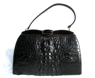 German Jet BLACK 1950's-60's Hornback CROCODILE Skin Handbag