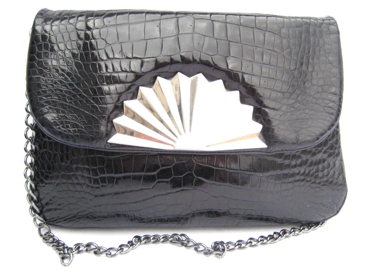 DECO Style NAVY BLUE 1990's Glossy ALLIGATOR Belly Skin CLUTCH Shoulder Bag
