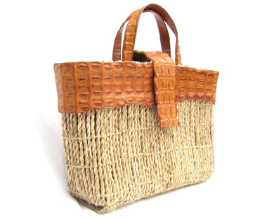 XL 17 x 11 Cognac Hornback Crocodile Tail Skin & Straw Handbag Tote - Titti Del'Aqua - MILANO