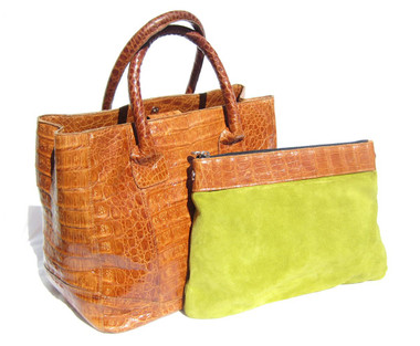 Early 2000's XL 14 x 11 Honey CARAMEL Crocodile Belly Skin Handbag TOTE Satchel - LAI