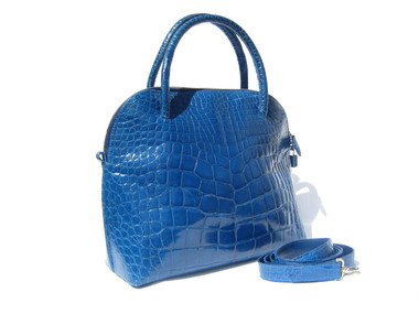 XL MAXIMA Electric BLUE Alligator Belly Skin Handbag Bowler BOLIDE w/Key! - ITALY