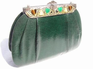 GREEN JEWELED 1970's-80's LIZARD Skin Evening Bag - LA JEUNESSE