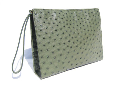 HELENE 1990's Army Green OSTRICH Skin CLUTCH Bag - ITALY