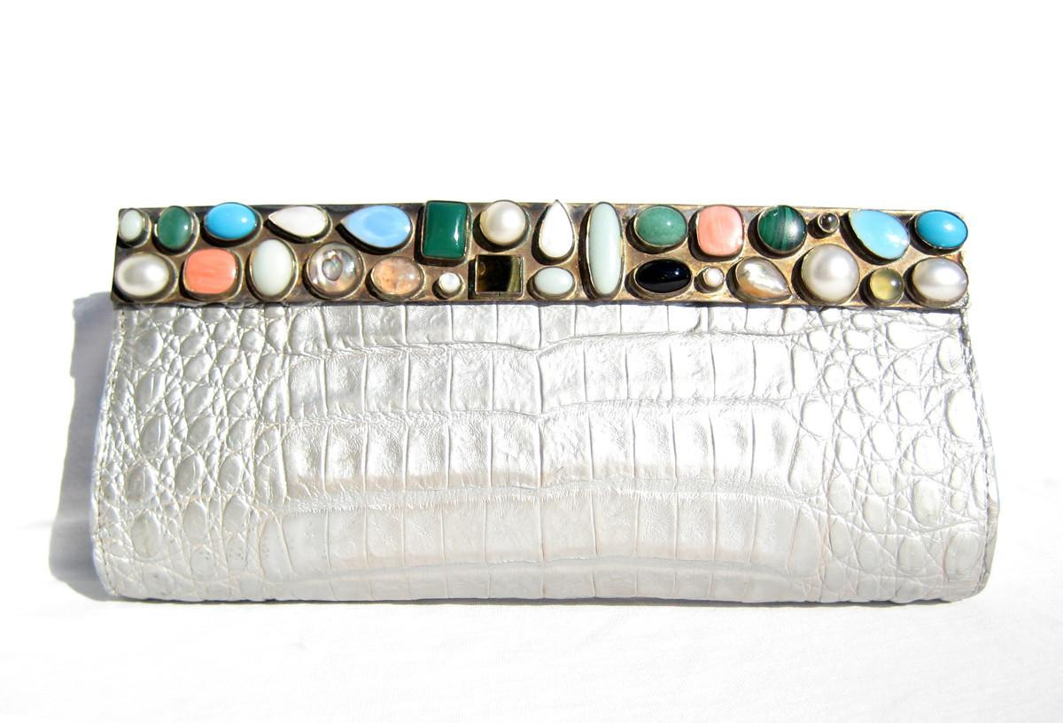 Jeweled METALLIC SILVER (Birch) 2010's CROCODILE Skin Clutch Shoulder Bag - BARFIELD & BAIRD