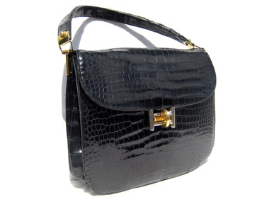 Classic 1950's-60's Jet Black RENDL Alligator Skin Handbag - RED Lining
