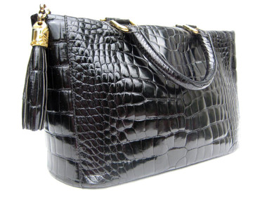 XL Late 2000's Jet Black Alligator Belly Skin Handbag - HELENE - Italy
