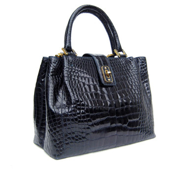 Late 2000's XXL Midnight BLUE  Alligator Belly Skin Satchel Handbag - HELENE - Italy