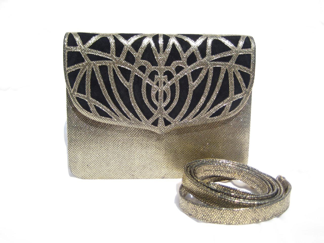 METALLIC 1990's Gold Snake Skin & Black Suede Clutch Shoulder Crossbody Bag - AN