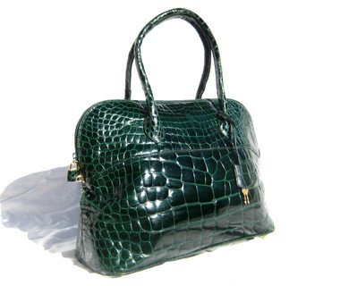 Stunning XL Dark GREEN Alligator Belly Skin Handbag Bowler BOLIDE - SISO - ITALY