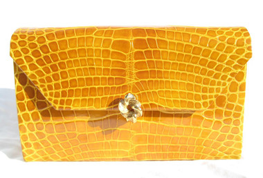 Golden Mustard YELLOW Early 2000's HELENE  ARPELS Alligator Belly Skin Clutch Shoulder Bag