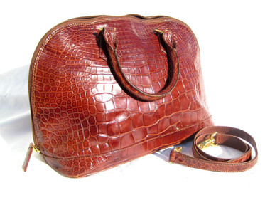 XL SAKS FIFTH AVENUE Chestnut Brown Alligator Belly Skin Handbag Bowler BOLIDE- ITALY