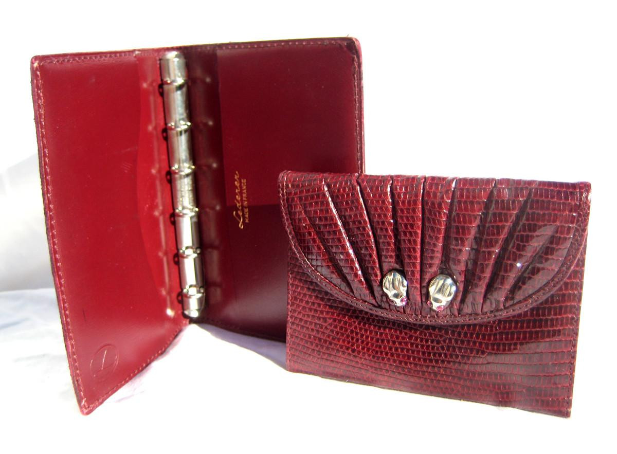 SET - Burgundy Red Lizard Skin Judith Leiber Wallet w/Frogs & Mini Lederer Note