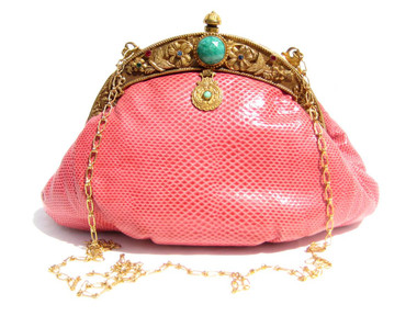 JACOMO - Gorgeous Jeweled Bubble Gum PINK 1960's KARUNG Snake Skin Evening Bag