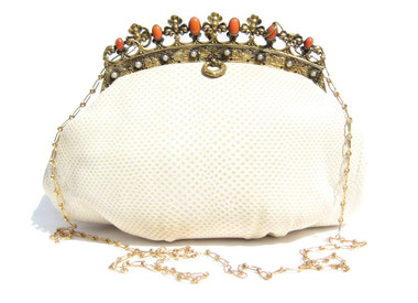 JACOMO - Gorgeous Jeweled CREAM 1960's KARUNG Snake Skin Evening Bag