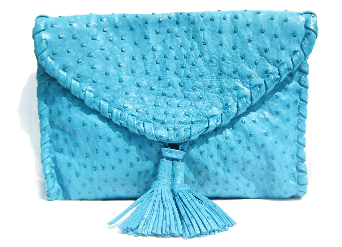 XL TURQUOISE Blue Early 2000's OSTRICH Skin CLUTCH Shoulder Bag - Christiansen