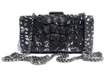 Metallic Silver & Black  Early 2000's Hornback Crocodile Mini Clutch Crossbody Bag - EILEEN KRAMER