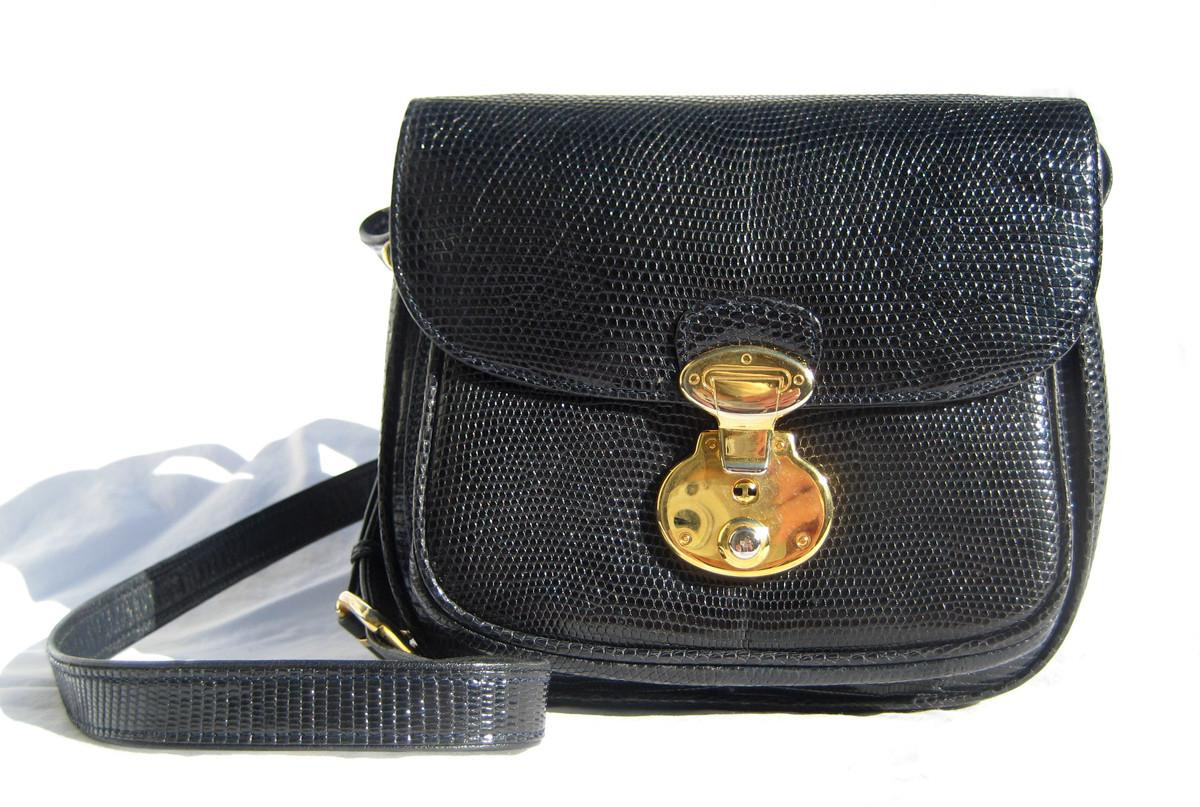 SISO 1990's-2000's NAVY Blue LIZARD Skin SHOULDER Cross Body Bag - ITALY
