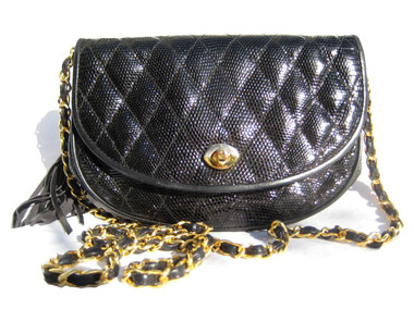 BLACK Chanel-Style 1980's-90's Quilted LIZARD Skin Shoulder Bag - WALTER KATTEN