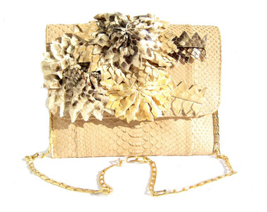 Lovely Neutral Light TAN BOHO FLOWERED Snake Skin Clutch Shoulder Bag - Falchi