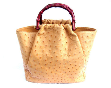 Gorgeous Early 2000's PALE ORANGE  Ostrich Skin Handbag  - RED Handles - CARLOS FALCHI!