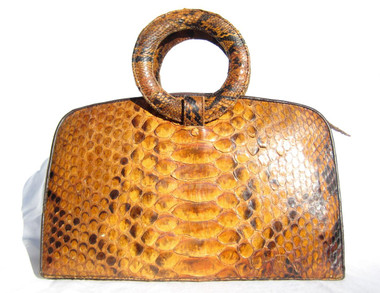 1960's XL ORANGE Python Snake Skin Handbag - Double ROUND Handles