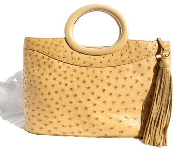 Gorgeous Ample Tan  Ostrich Skin Handbag - SUAREZ - Double Lucite Handles!