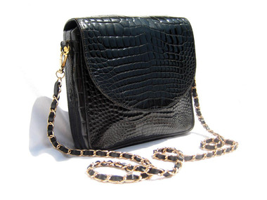 SISO JET BLACK 1990's CROCODILE Belly Skin CROSS BODY Shoulder Bag
