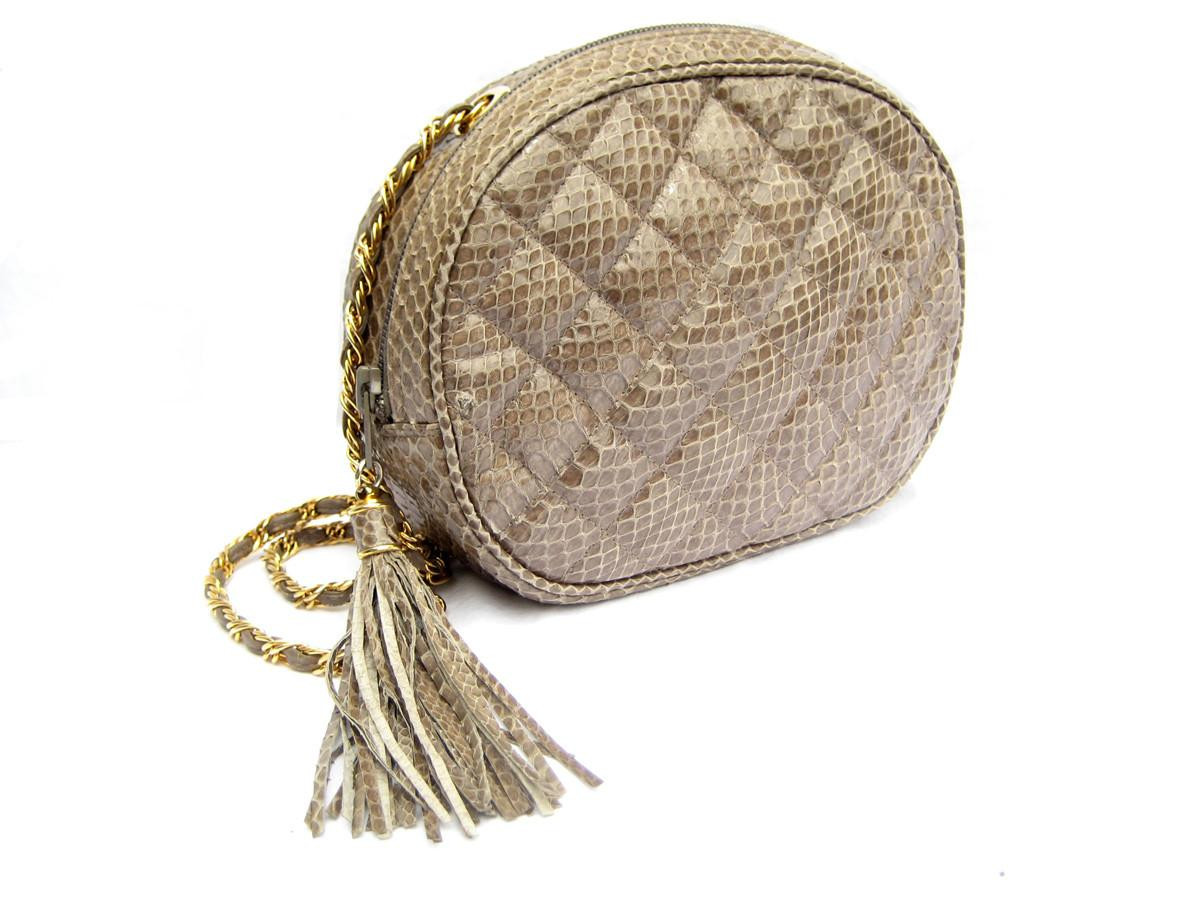 Taupe Gray Tan Chanel-Style 1990's Quilted Snake Skin Shoulder Cross Body Bag