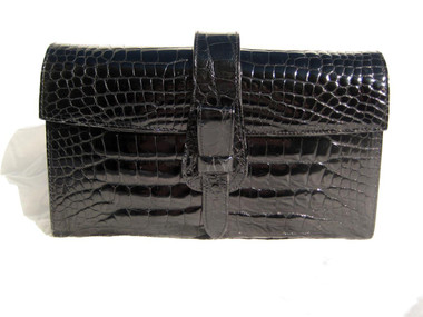 Jet Black Early 2000's HELENE  Alligator Belly Skin Clutch Shoulder Bag