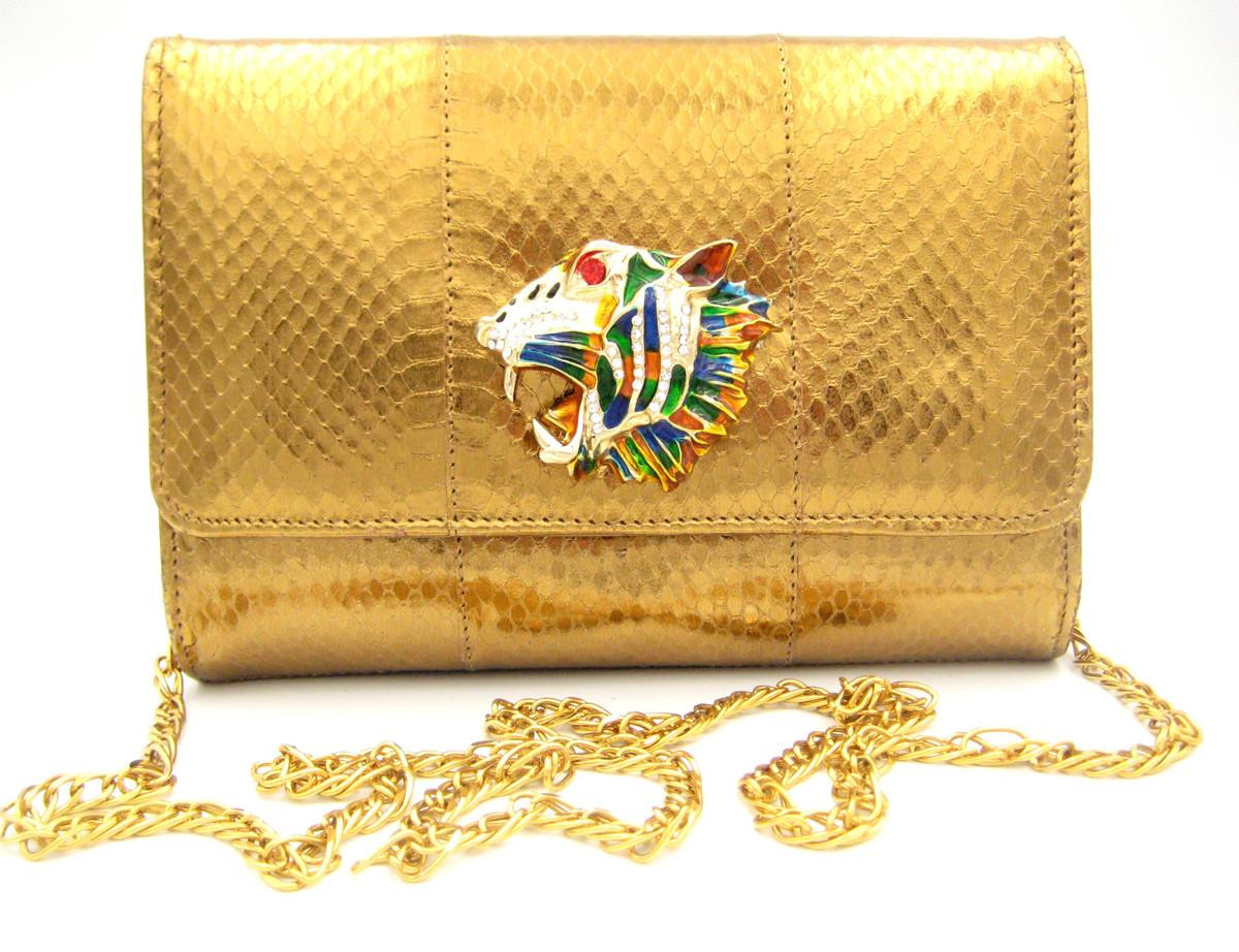 METALLIC GOLD 1990's COBRA Snake Skin Clutch Shoulder Bag - LION!