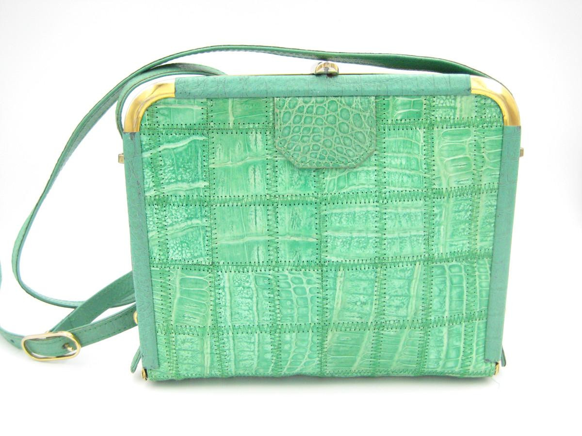 Unique 1990's Light TURQUOISE Patchwork CROCODILE Skin CROSS Body Bag