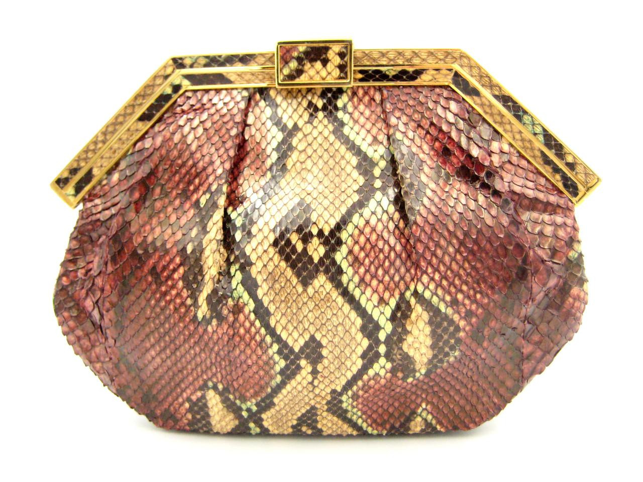 1990's COLOMBETTI Rose, Green & Tan PYTHON Snake Skin Shoulder CROSS BODY Evenin
