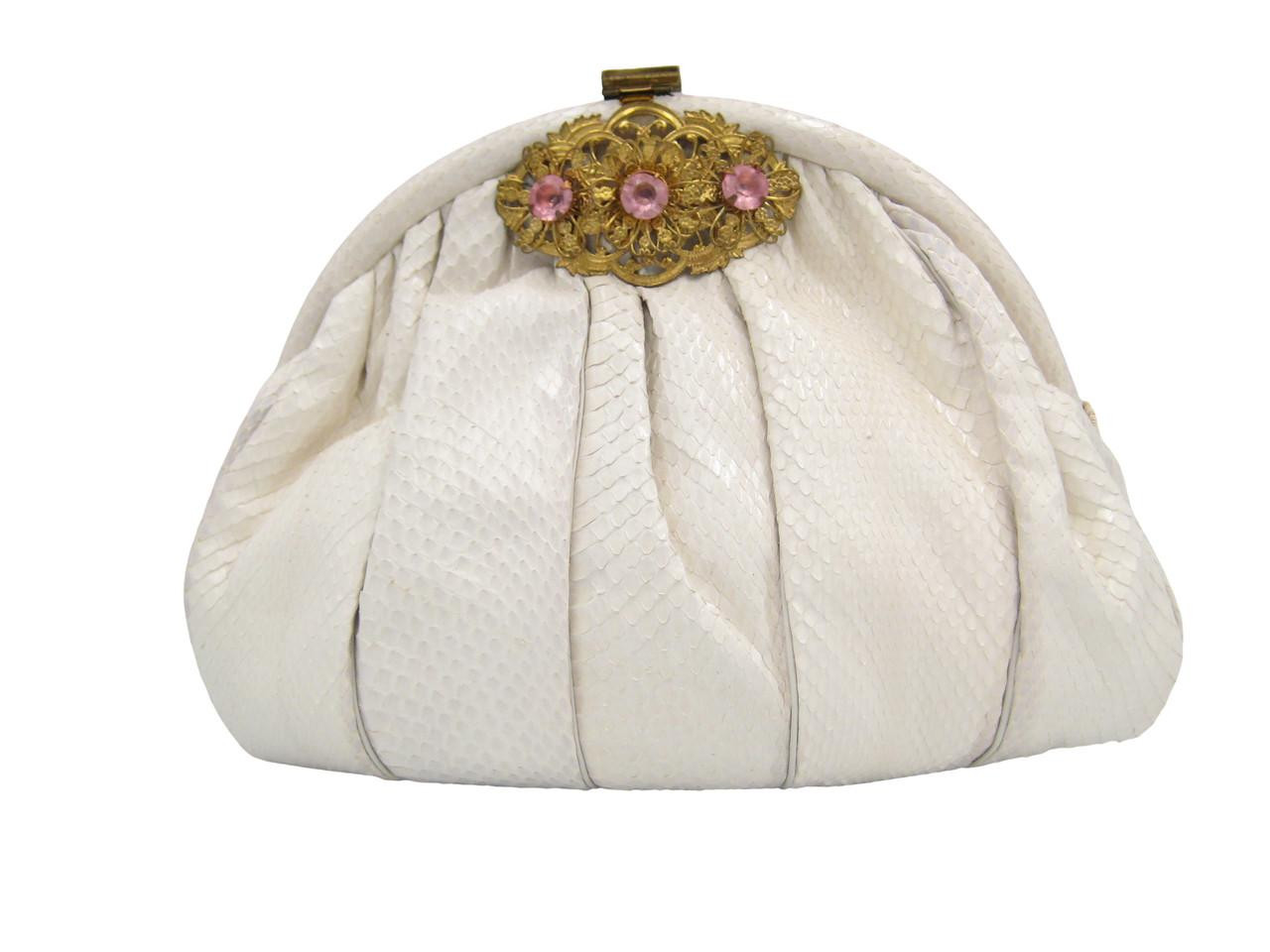SHARIF 1980's BONE White Snake Skin CLUTCH Shoulder Bag - JEWELED Front