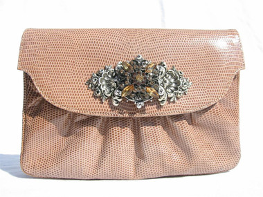 WALTER KATTEN Tan 1970's-80's Jeweled Lizard Skin CLUTCH