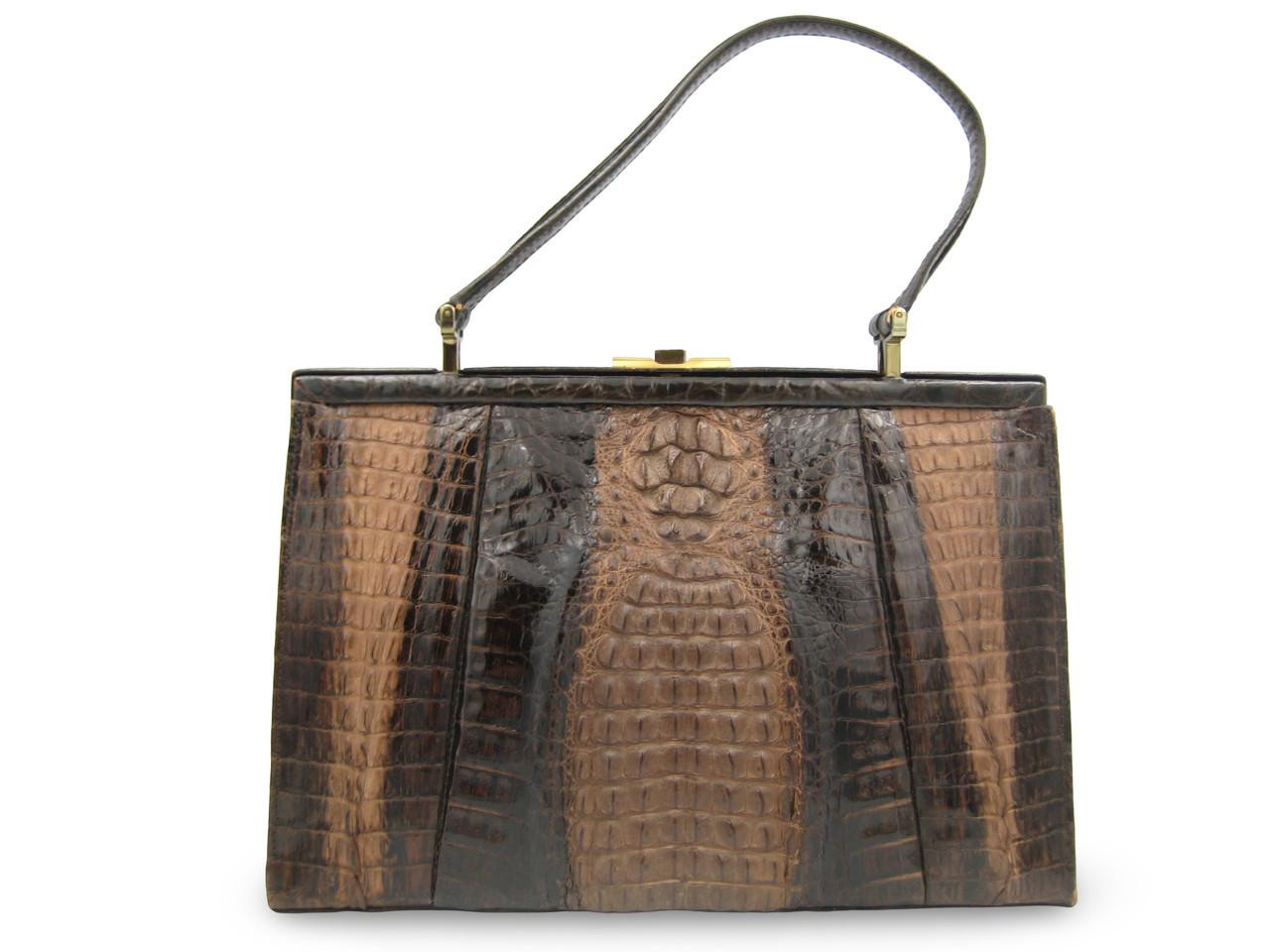 Dark Brown 1980's Triple HORNBACK Crocodile Skin Handbag