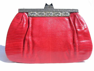 RED JEWELED 1970's-80's LIZARD Skin Evening Bag - LA JEUNESSE