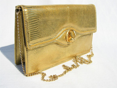 Fabulous Metallic GOLD 1960's LIZARD Skin CLUTCH Shoulder Bag - SACHA